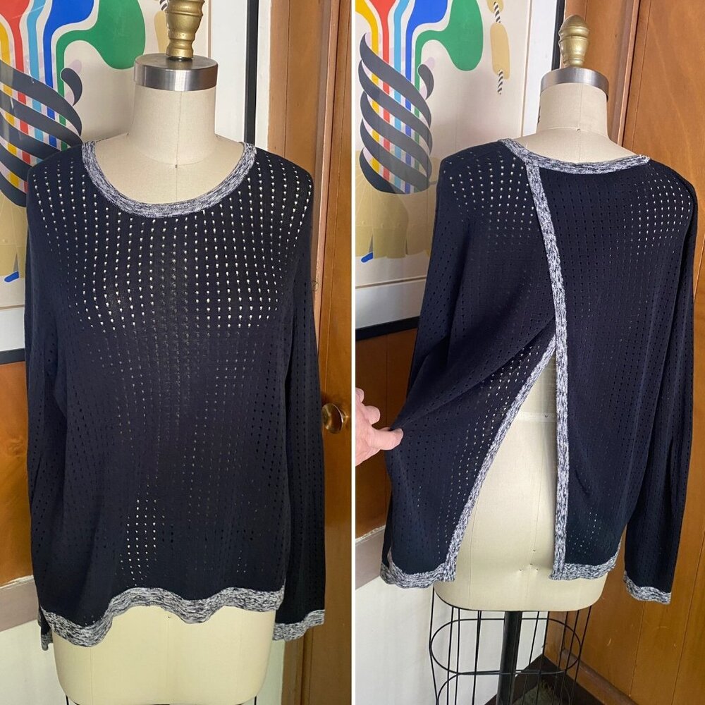 RAG & BONE Nikki Split Back Black Perforated Cotton Sweater Size XS s Top